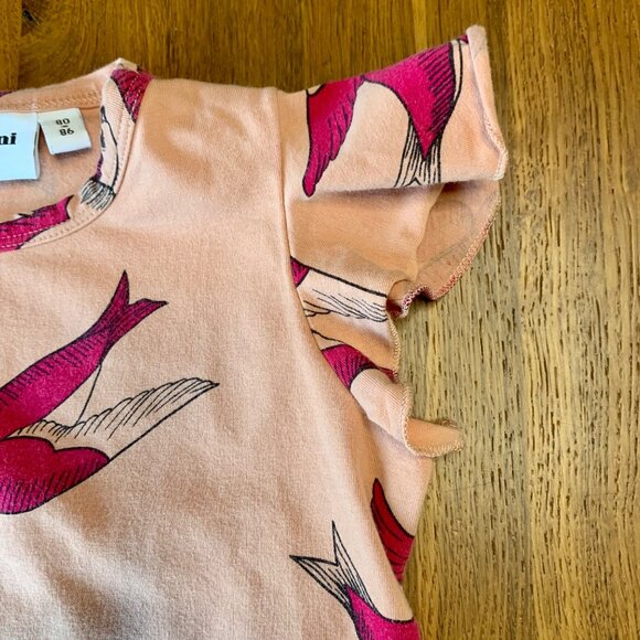 MINI RODINI Pink Bird Print Baby T-Shirt Girls 9-18 Mos Organic Cotton Top Tee - Picture 4 of 5